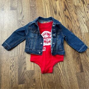 Levi’s Denim Jacket and Red Onesie Bodysuit Set, size 18M